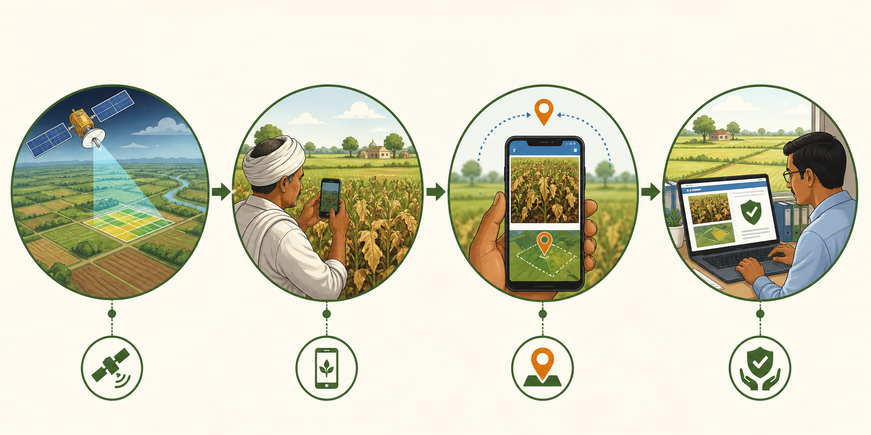 PMFBY technology process from satellite observation and field photos to geotagged evidence and claim review