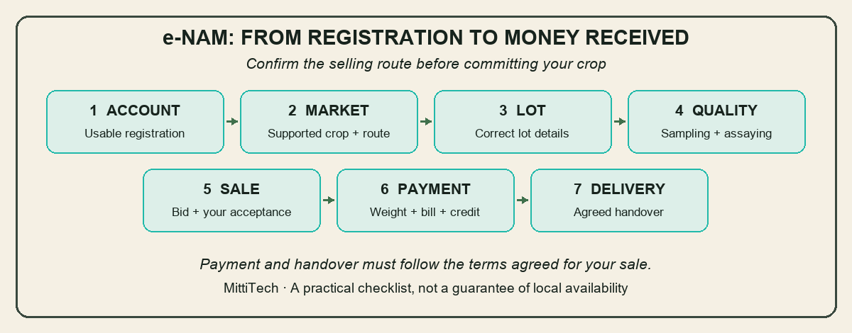 Seven eNAM sale checkpoints: account, supported market, lot details, quality assaying, accepted bid, payment and delivery.